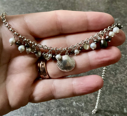 Clogau Beachcomber Peacock & Grey Pearl necklace, bracelet and charm set in silver and rose gold