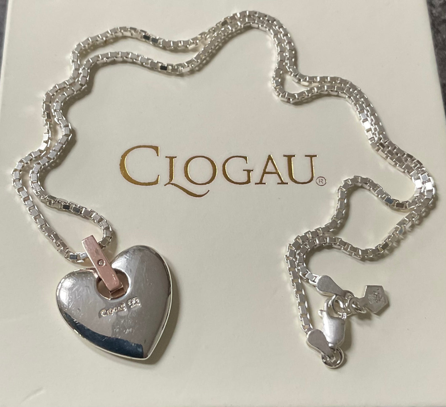 Clogau Cariad Big Heart with Diamond pendant necklace in silver and rose gold 18”RRP £290
