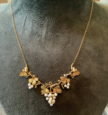 9ct cultured pearl grapevine necklace 16.5" yellow gold vintage ? antique?