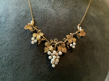 9ct cultured pearl grapevine necklace 16.5" yellow gold vintage ? antique?