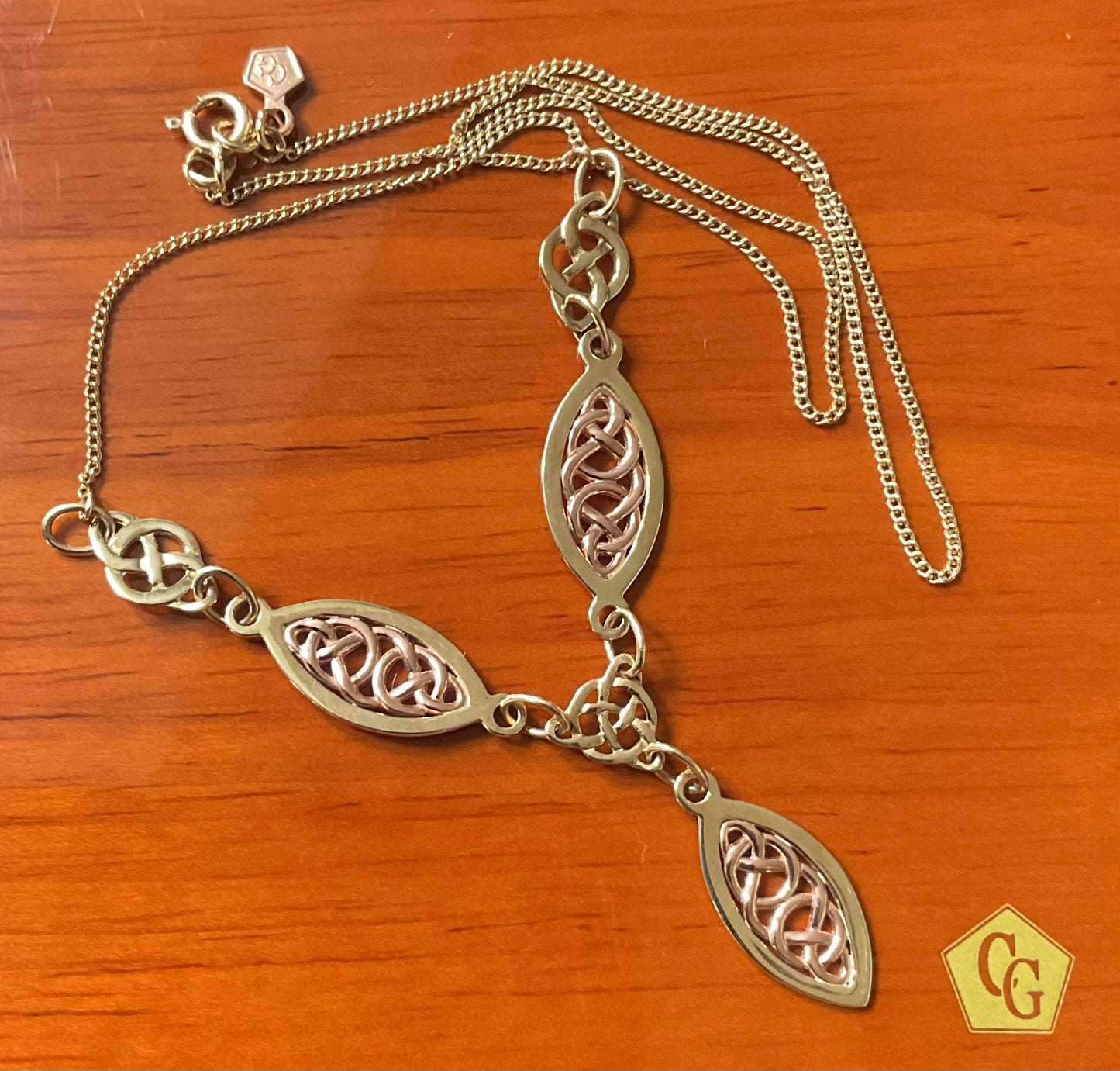 Clogau 9ct Queen Eleanor elliptical Celtic Y-drop necklace in yellow and rose gold
