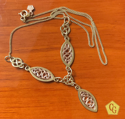 Clogau 9ct Queen Eleanor elliptical Celtic Y-drop necklace in yellow and rose gold
