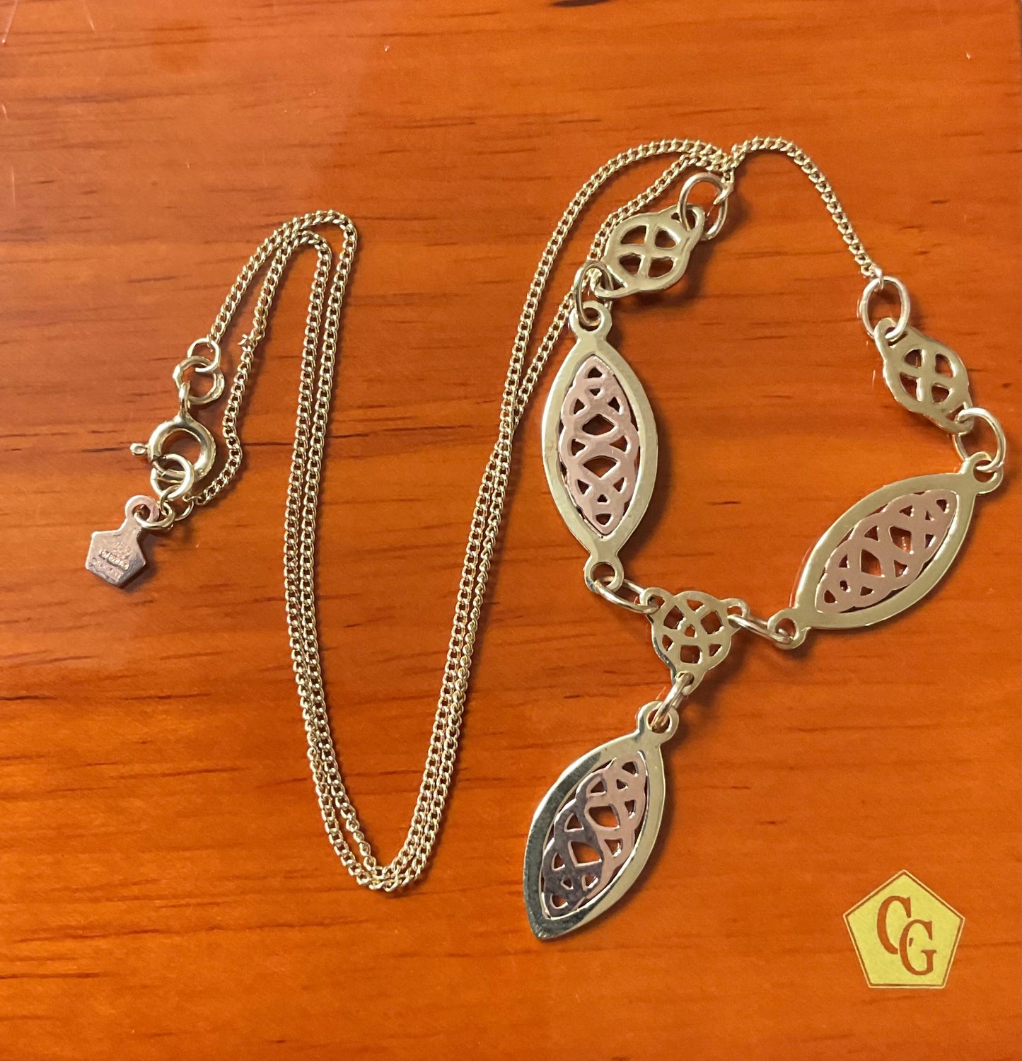 Clogau 9ct Queen Eleanor elliptical Celtic Y-drop necklace in yellow and rose gold