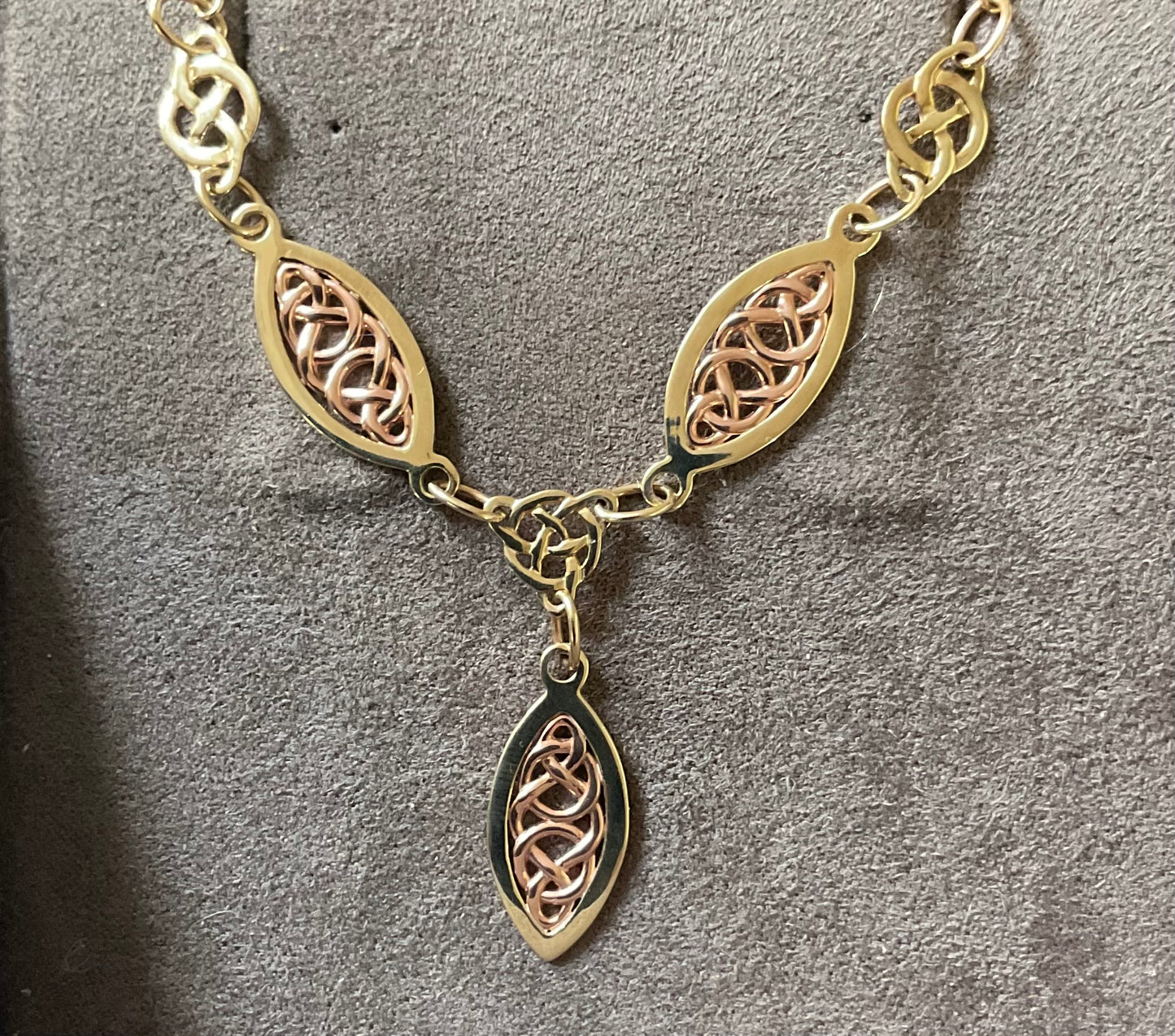 Clogau 9ct Queen Eleanor elliptical Celtic Y-drop necklace in yellow and rose gold