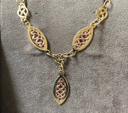 Clogau 9ct Queen Eleanor elliptical Celtic Y-drop necklace in yellow and rose gold