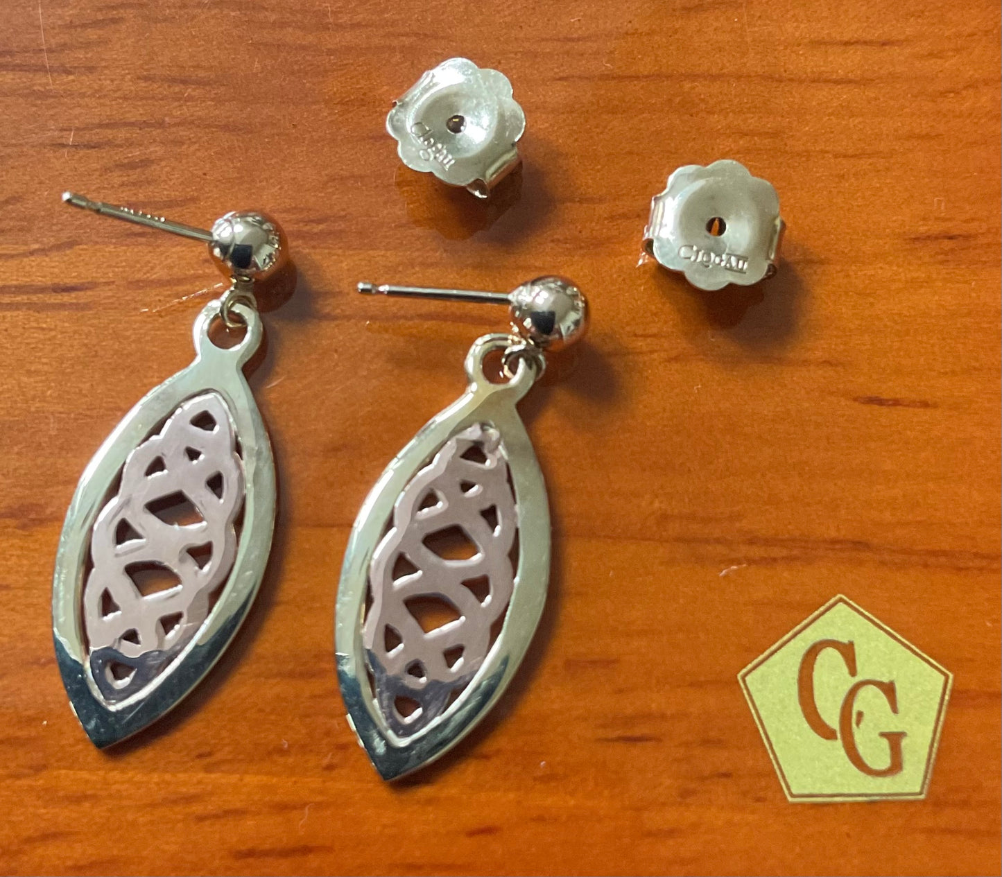 Clogau 9ct Queen Eleanor elliptical drop earrings in yellow and rose gold