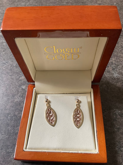 Clogau 9ct Queen Eleanor elliptical drop earrings in yellow and rose gold
