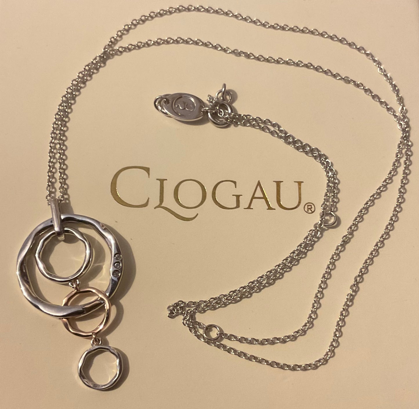 Clogau Ripples white topaz circle drop pendant necklace 18-22” in silver and rose gold
