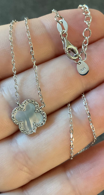 Beaverbrooks 925 Mother of Pearl & Cubic Zirconia Four Leaf Clover necklace 15.5-17.5"