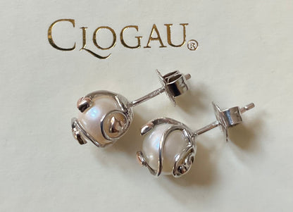 Clogau Caged Pearl stud earrings and Caged Pearl necklace in silver and rose gold