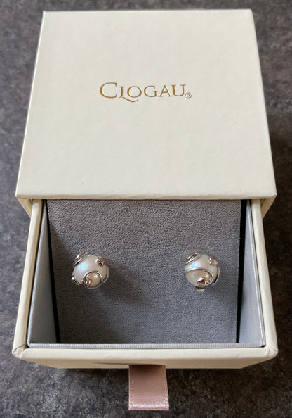 Clogau Caged Pearl stud earrings and Caged Pearl necklace in silver and rose gold