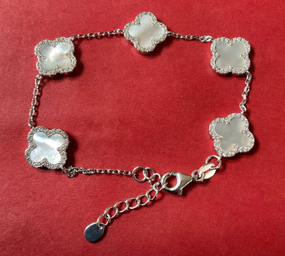 925 Mother of Pearl & Cubic Zirconia Four Leaf Clover bracelet in sterling silver