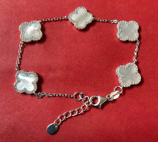 925 Mother of Pearl & Cubic Zirconia Four Leaf Clover bracelet in sterling silver