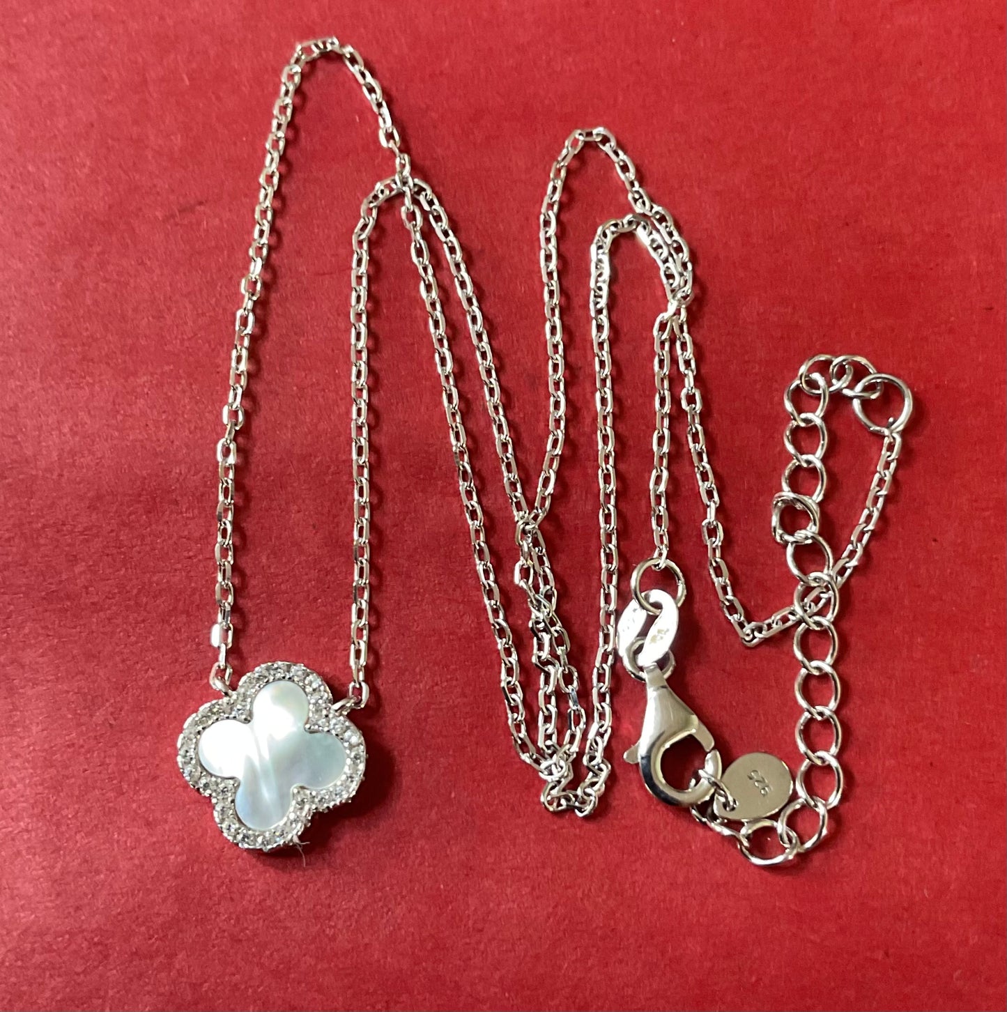 Beaverbrooks 925 Mother of Pearl & Cubic Zirconia Four Leaf Clover necklace 15.5-17.5"
