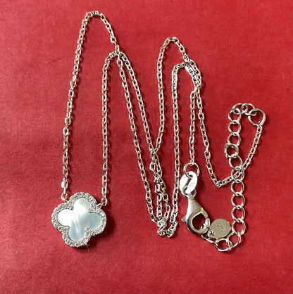 Beaverbrooks 925 Mother of Pearl & Cubic Zirconia Four Leaf Clover necklace 15.5-17.5"