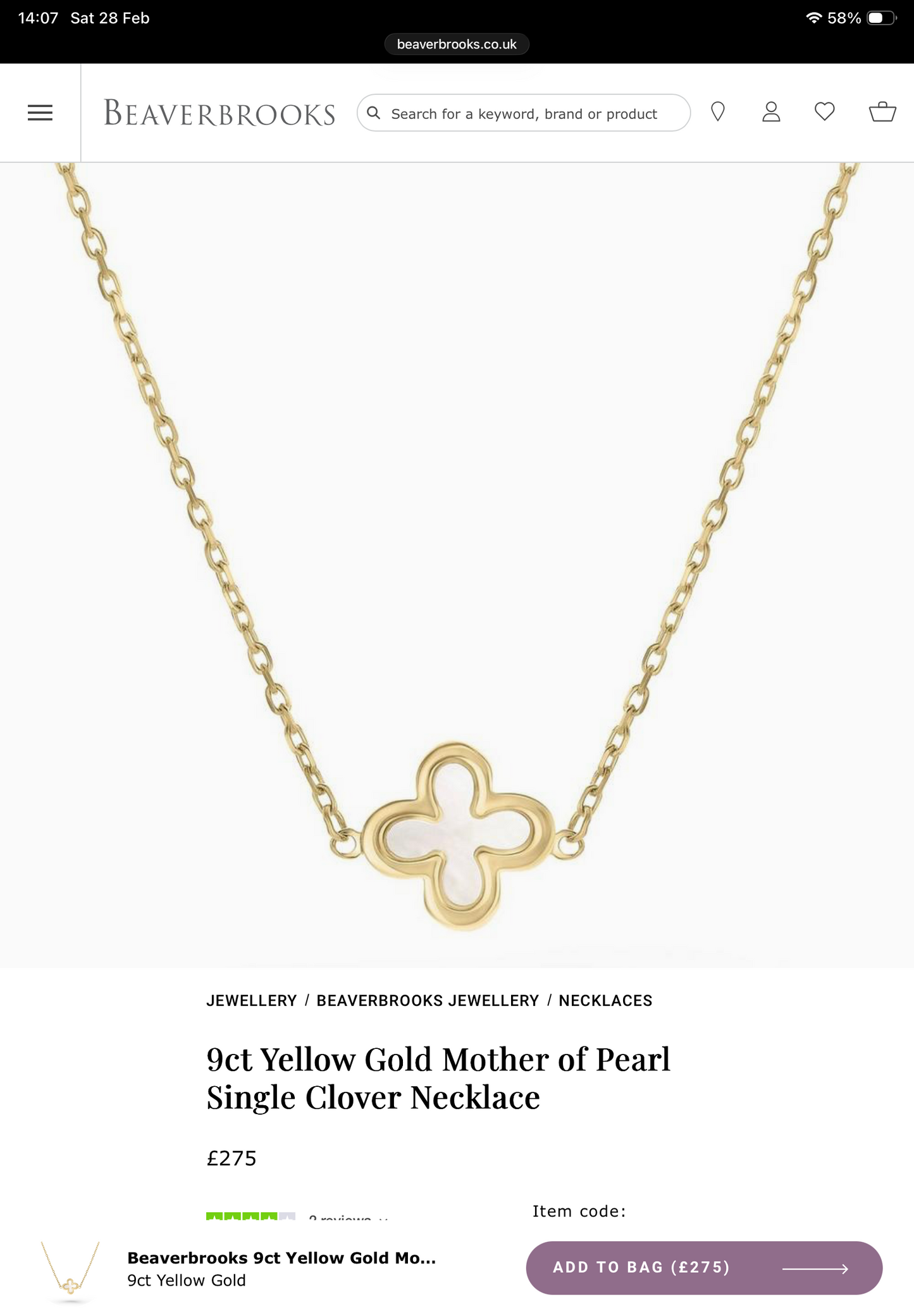 Beaverbrooks 9ct Mother of Pearl single Clover necklace 18” in yellow gold RRP £275