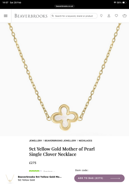 Beaverbrooks 9ct Mother of Pearl single Clover necklace 18” in yellow gold RRP £275