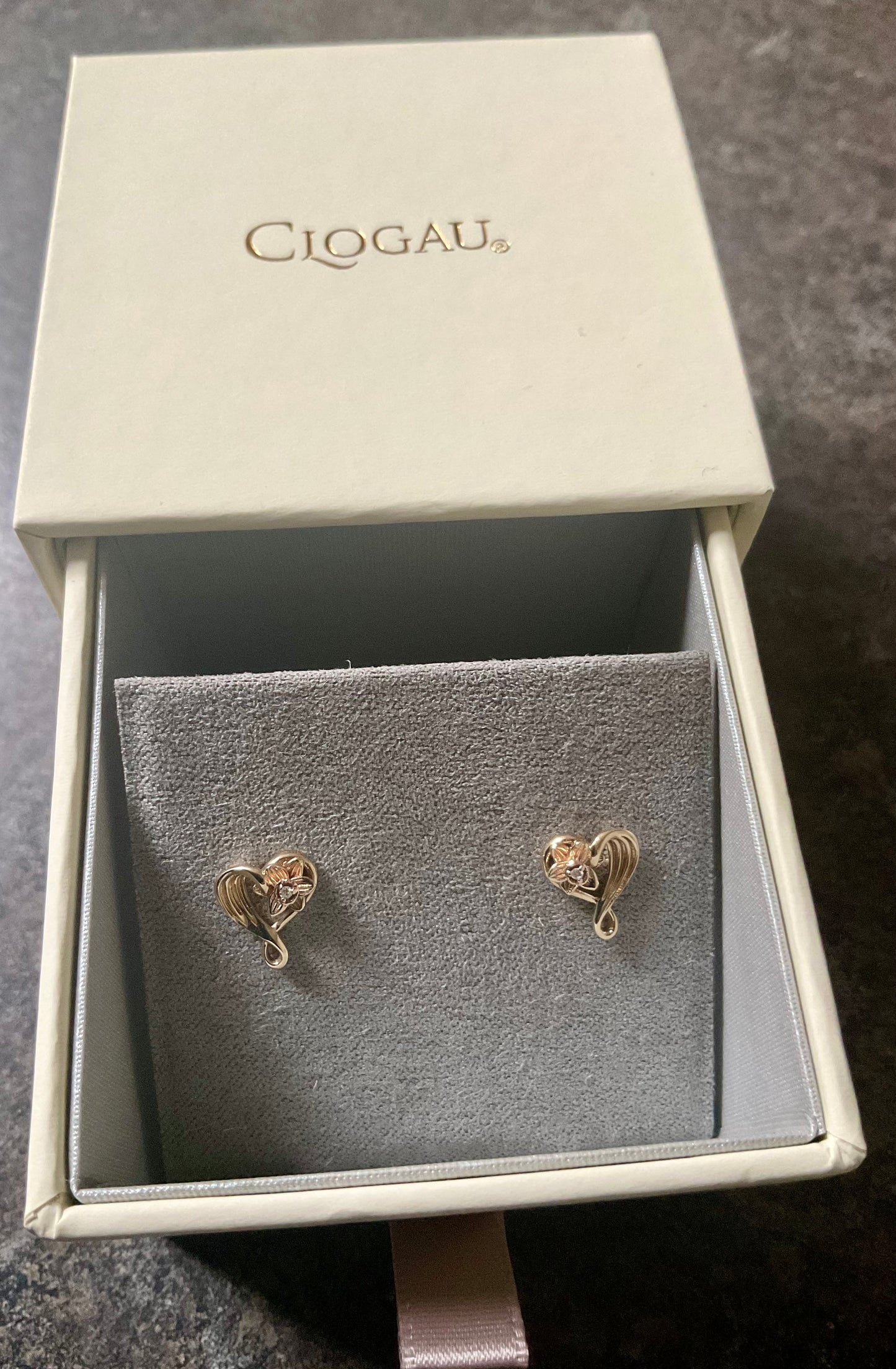 Clogau 9ct Diamond Daffodil Heart stud earrings in yellow and rose gold