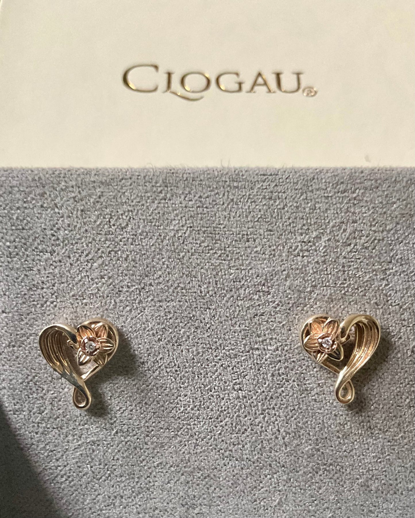 Clogau 9ct Diamond Daffodil Heart stud earrings in yellow and rose gold