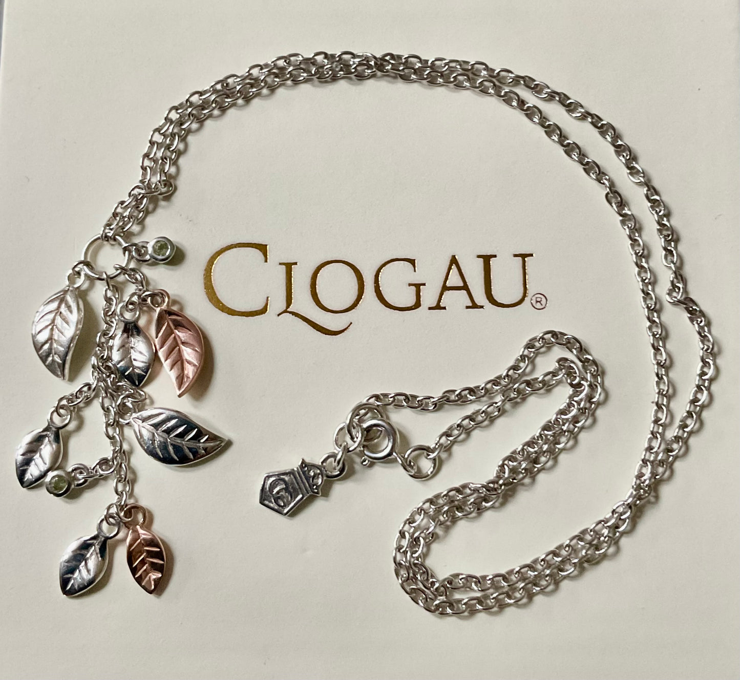 Clogau Awelon Peridot leaves drop pendant necklace in silver and rose gold 18”