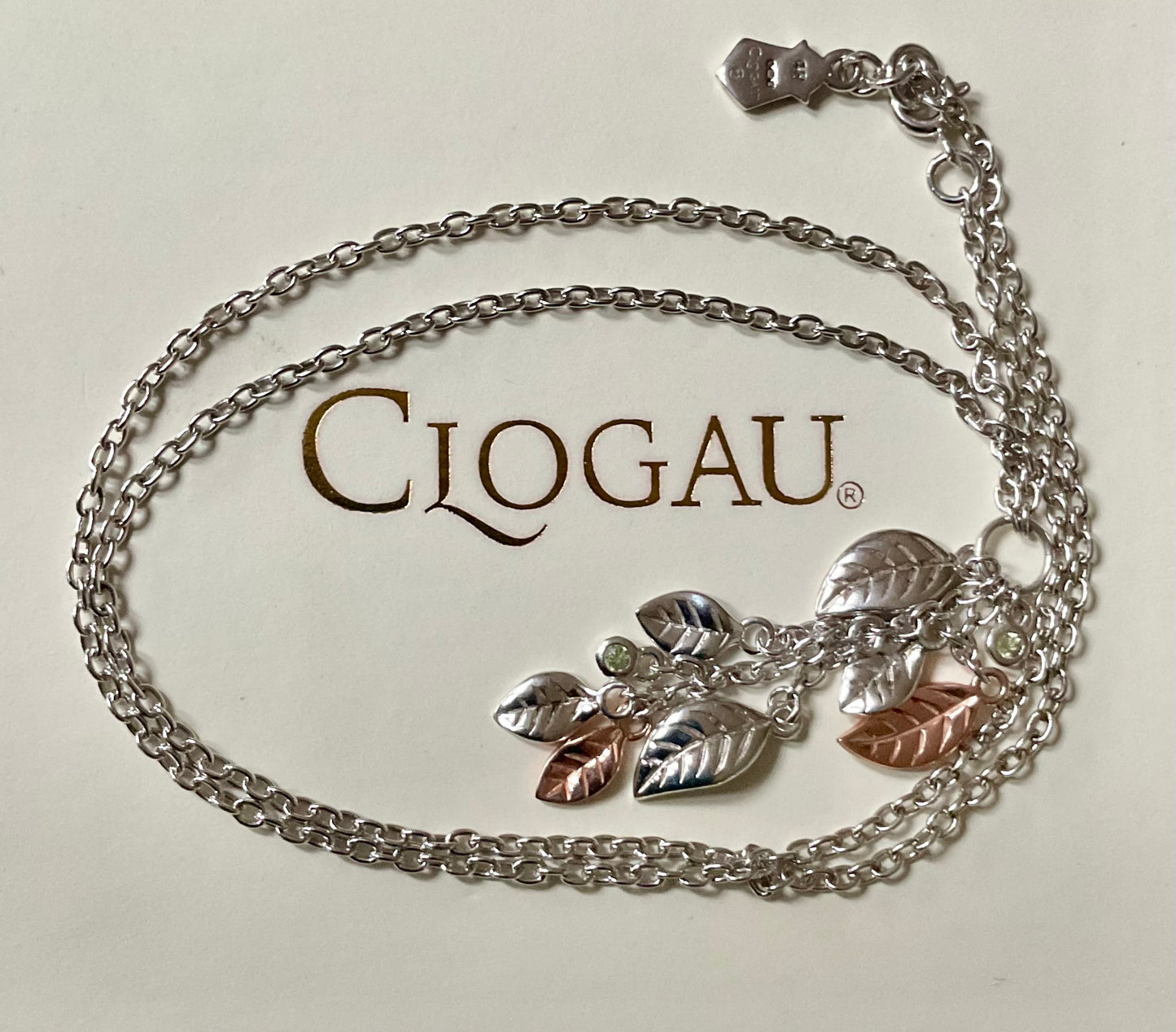 Clogau Awelon Peridot leaves drop pendant necklace in silver and rose gold 18”