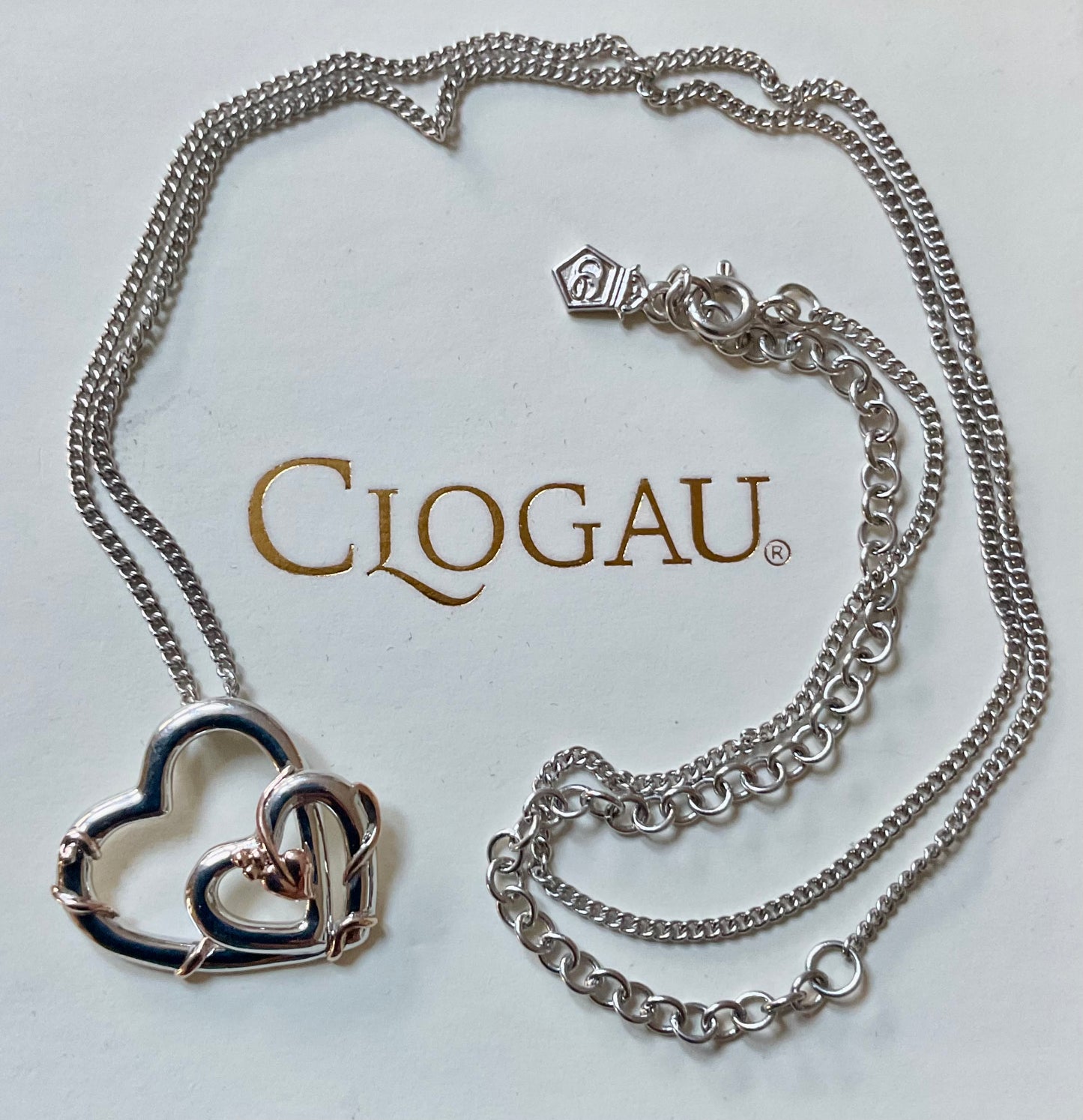 Clogau Tree of Life Vine double heart pendant necklace 18-22” in silver and rose gold