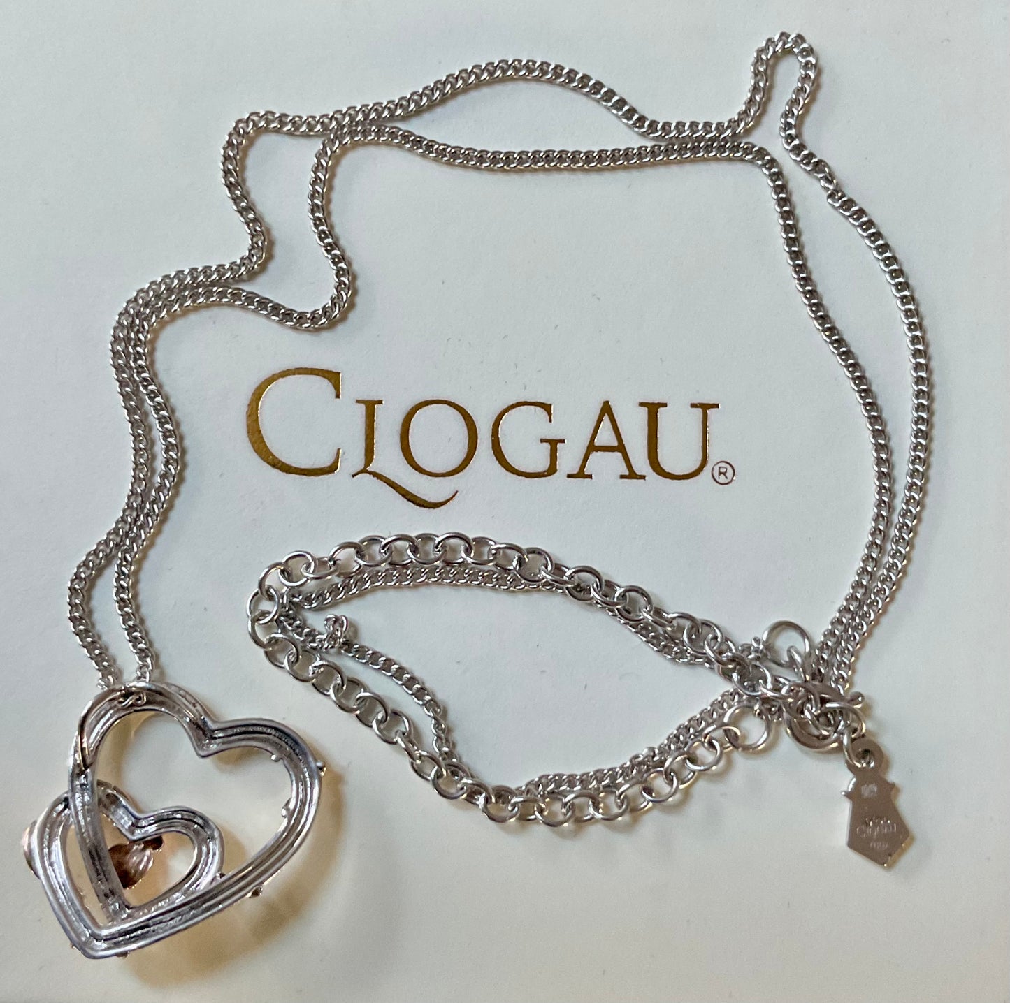 Clogau Tree of Life Vine double heart pendant necklace 18-22” in silver and rose gold