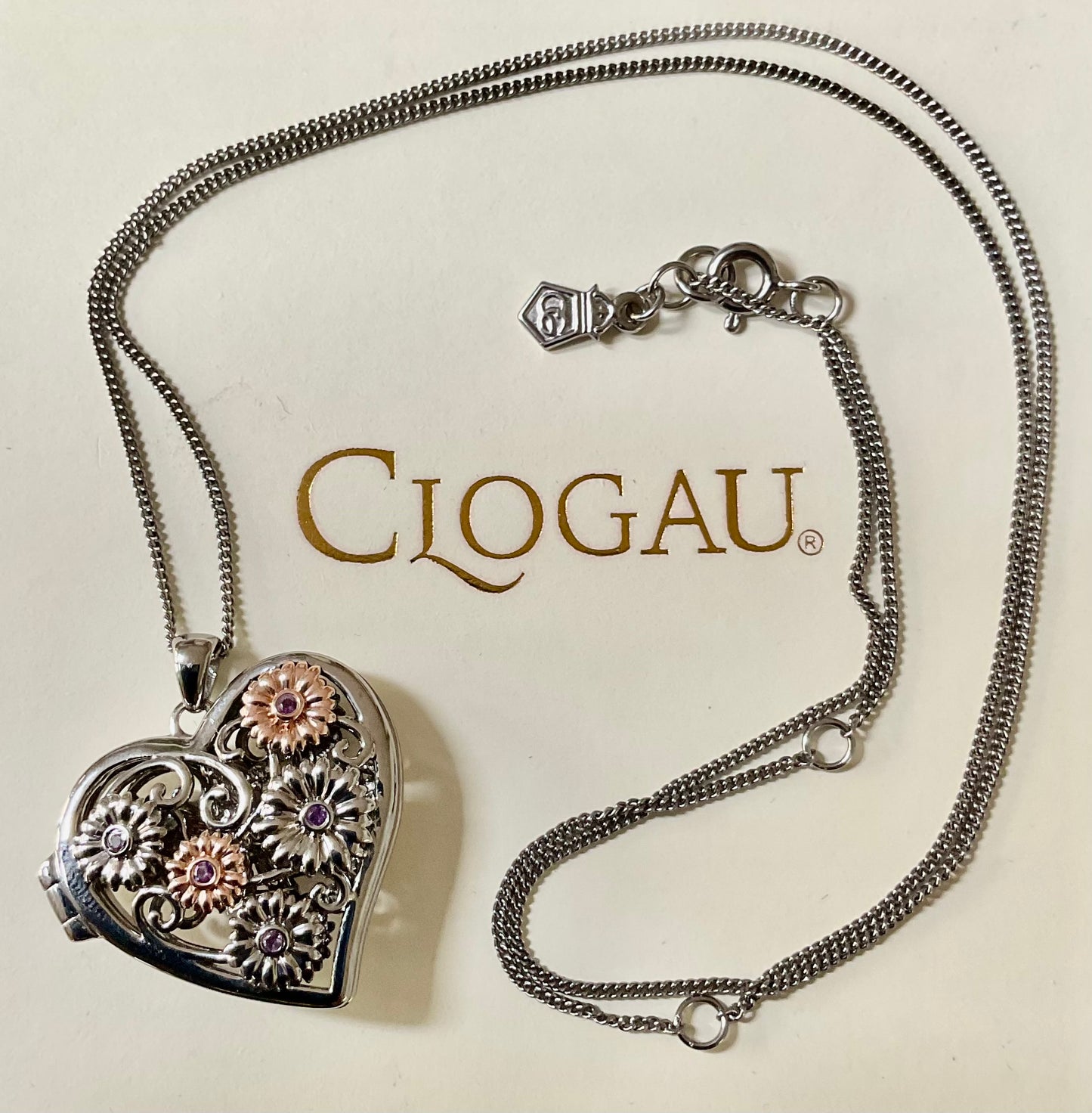 Clogau Amethyst Flower Fairy heart locket pendant necklace in silver and rose gold
