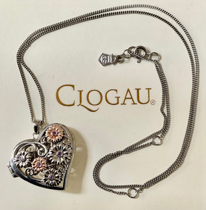 Clogau Amethyst Flower Fairy heart locket pendant necklace in silver and rose gold