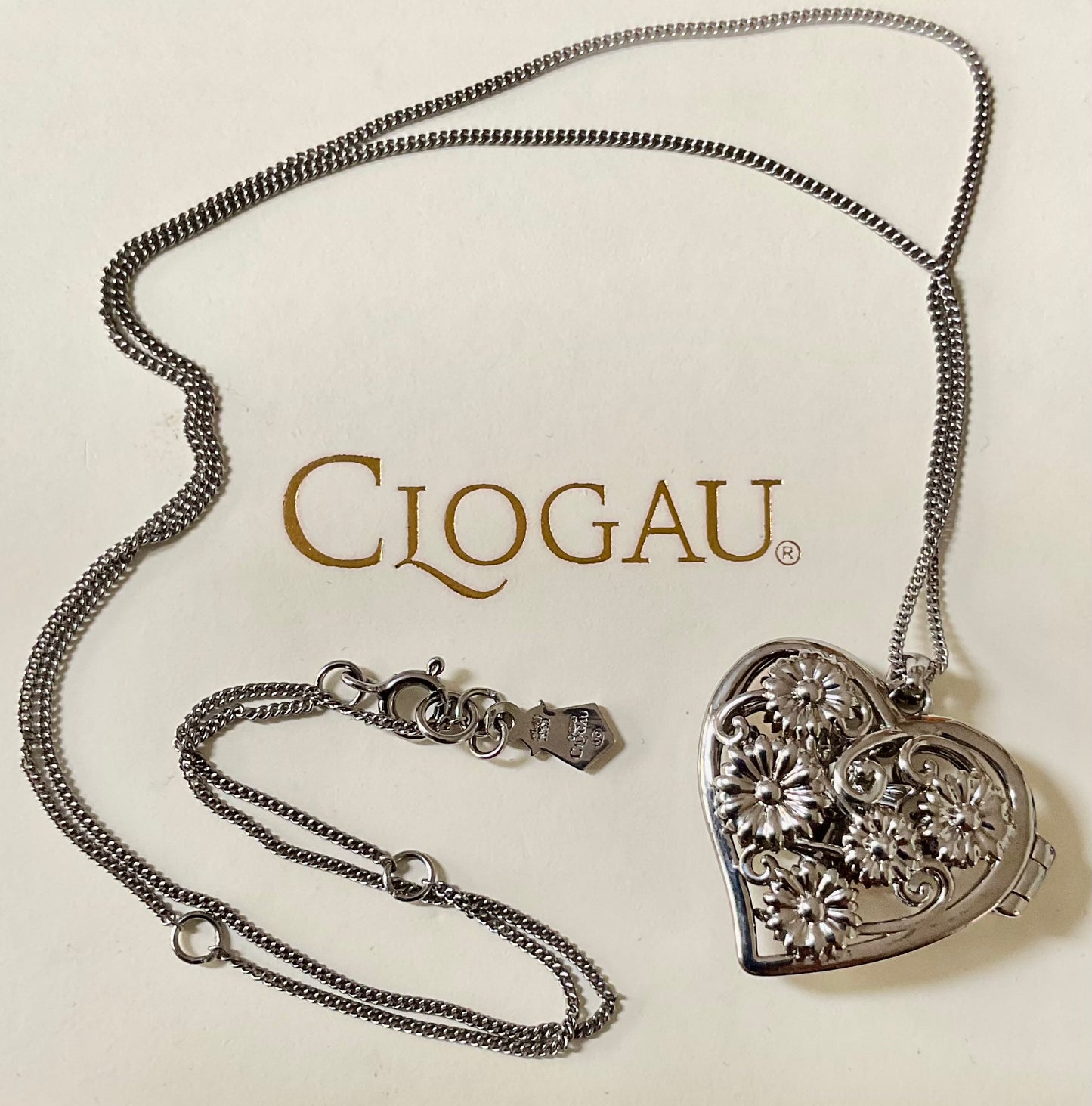 Clogau Amethyst Flower Fairy heart locket pendant necklace in silver and rose gold