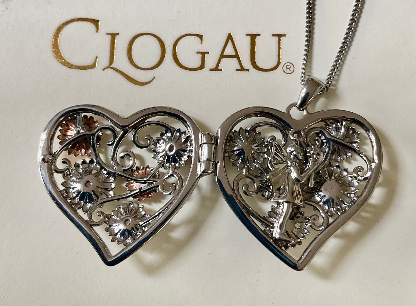 Clogau Amethyst Flower Fairy heart locket pendant necklace in silver and rose gold