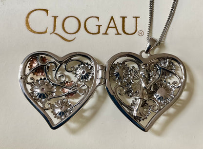 Clogau Amethyst Flower Fairy heart locket pendant necklace in silver and rose gold