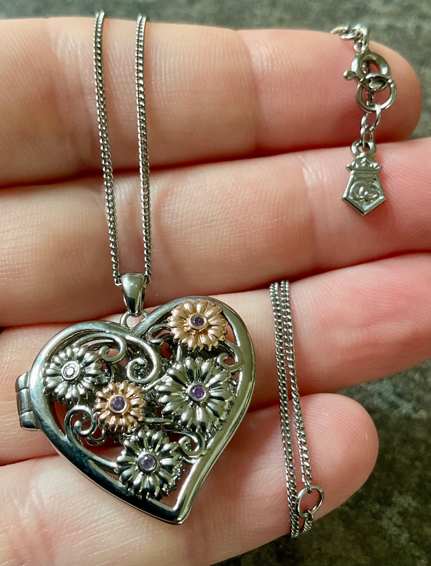 Clogau Amethyst Flower Fairy heart locket pendant necklace in silver and rose gold