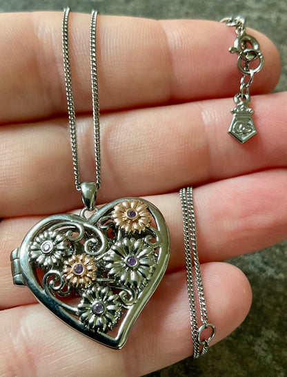 Clogau Amethyst Flower Fairy heart locket pendant necklace in silver and rose gold