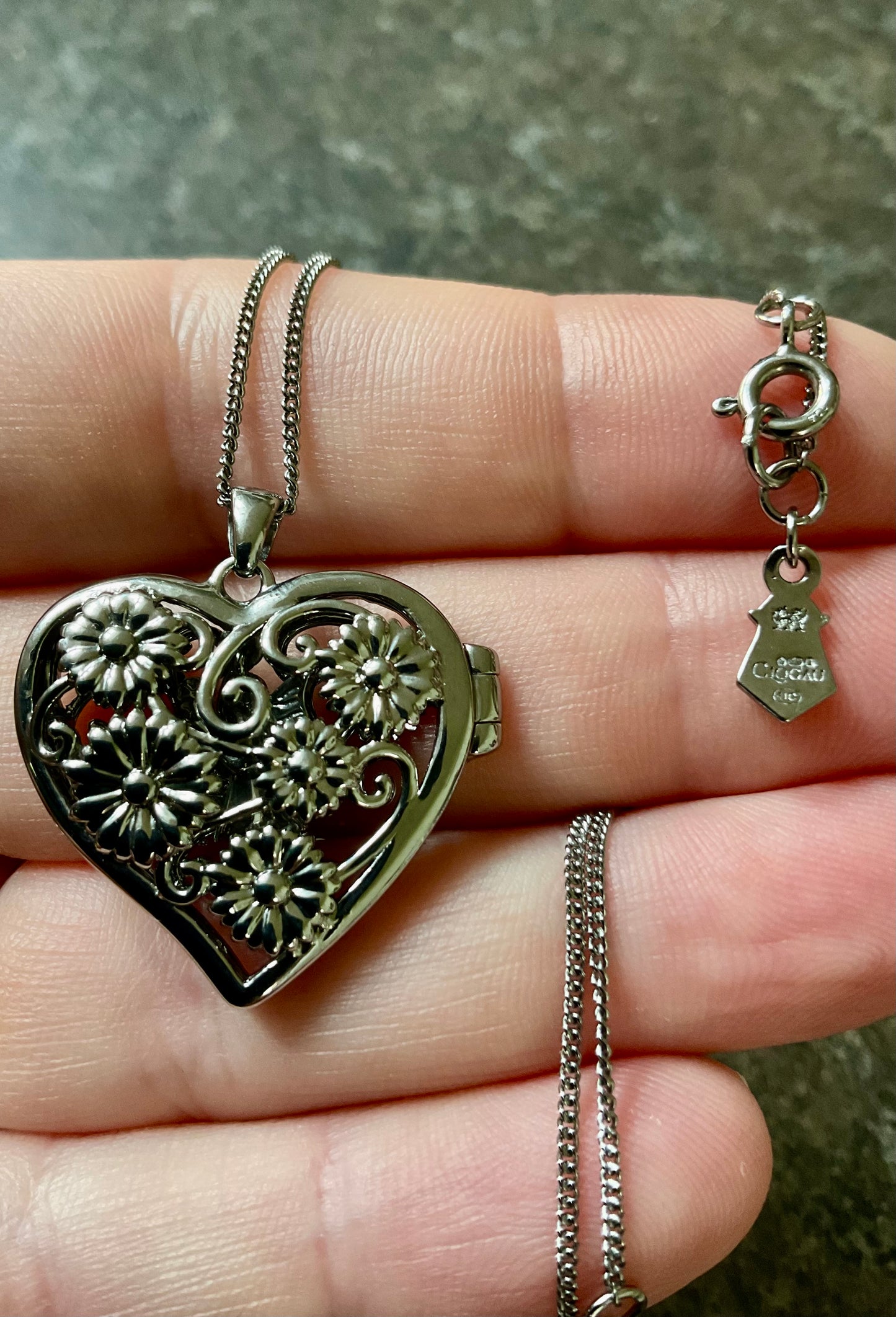 Clogau Amethyst Flower Fairy heart locket pendant necklace in silver and rose gold