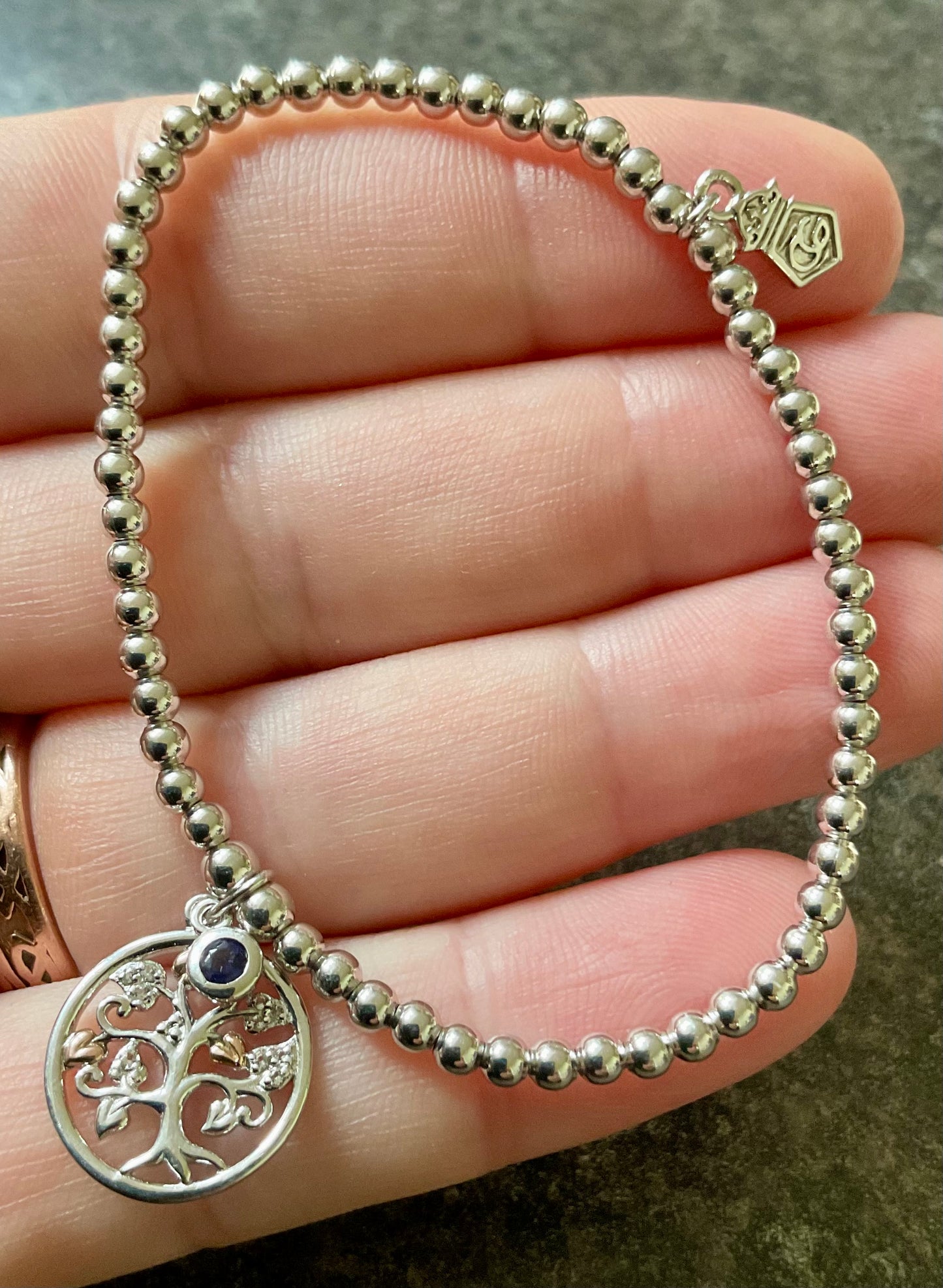 Clogau Tree of Life Blue Sapphire Birthstone affinity bead stacking bracelet in silver and rose gold