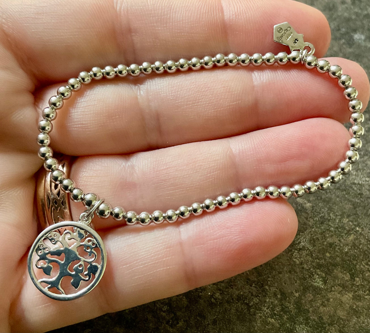 Clogau Tree of Life Blue Sapphire Birthstone affinity bead stacking bracelet in silver and rose gold