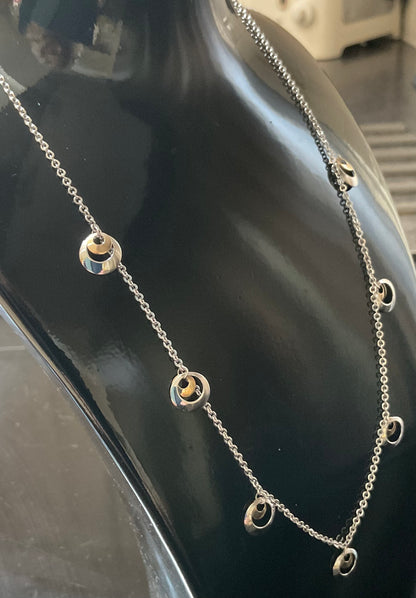 925 station necklace with 9ct yellow gold & silver circles 16.5” hallmarked