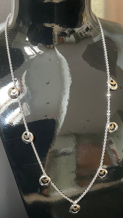 925 station necklace with 9ct yellow gold & silver circles 16.5” hallmarked