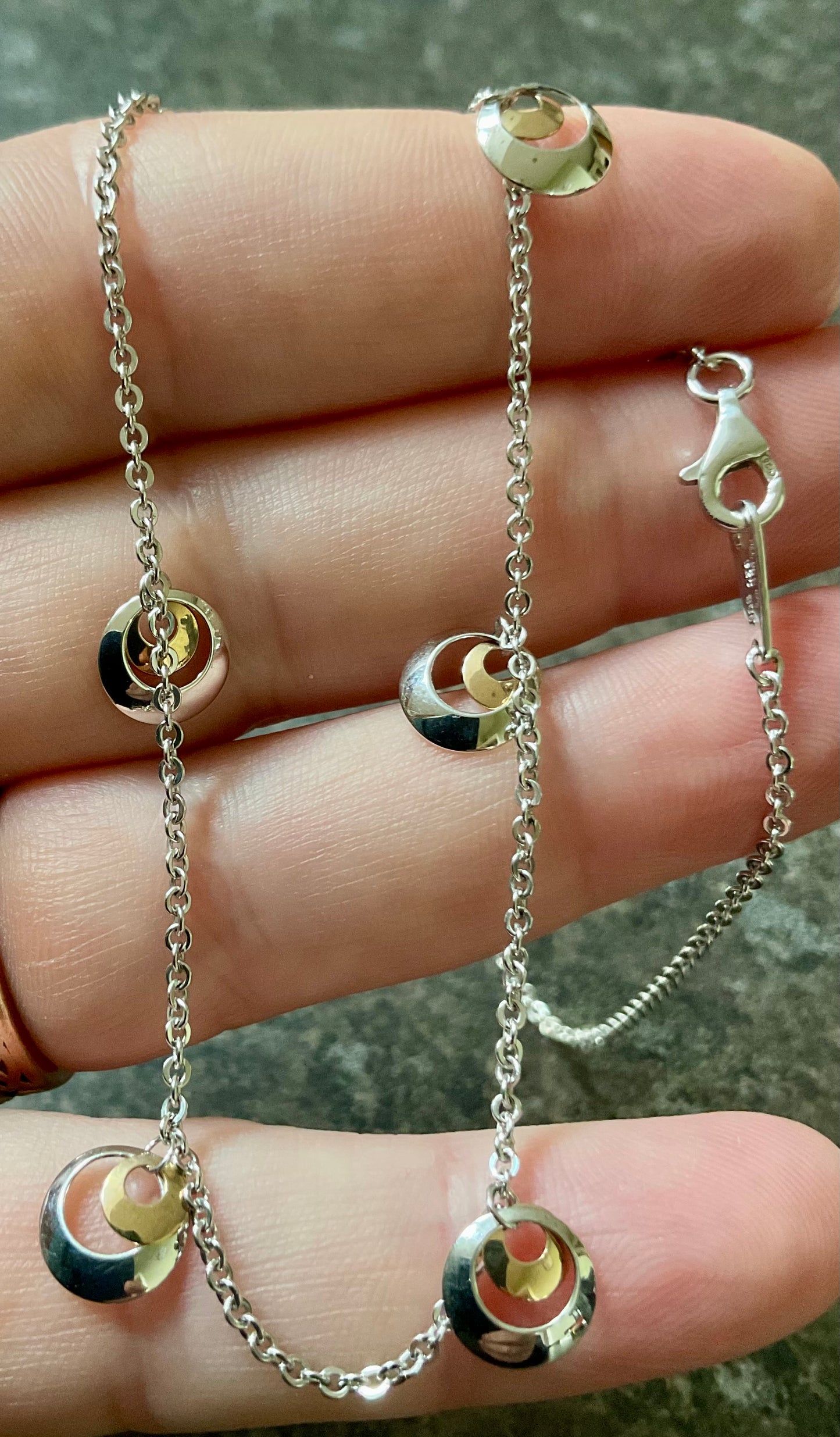 925 station necklace with 9ct yellow gold & silver circles 16.5” hallmarked