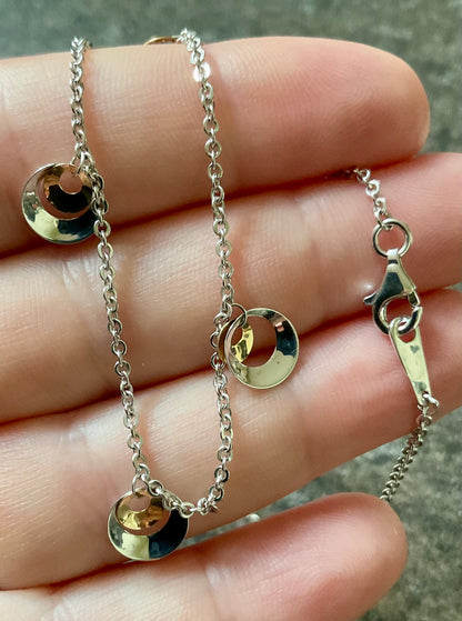 925 station necklace with 9ct yellow gold & silver circles 16.5” hallmarked
