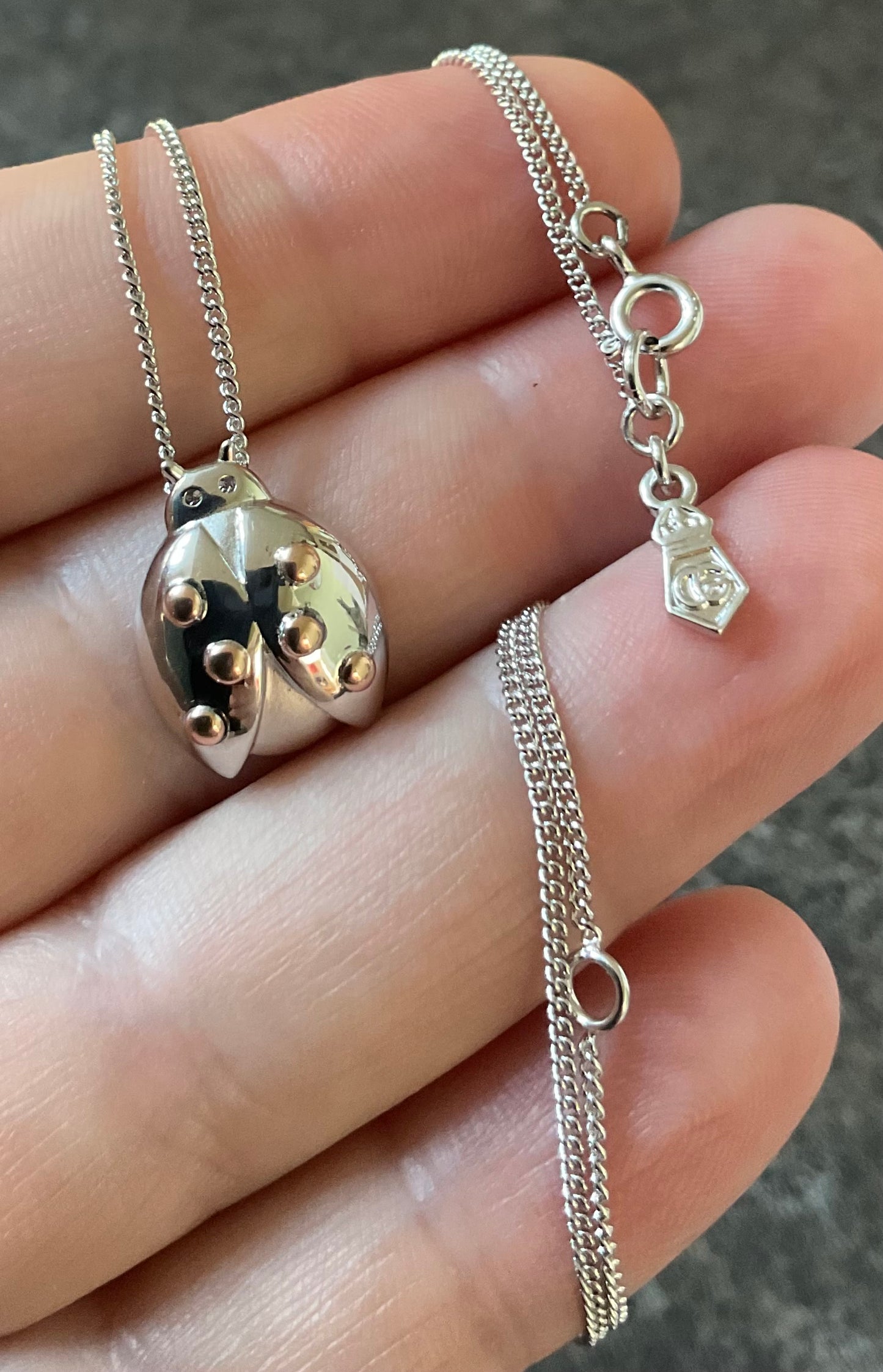 Clogau Ladybird pendant necklace 18, 20, 22” in silver and rose gold