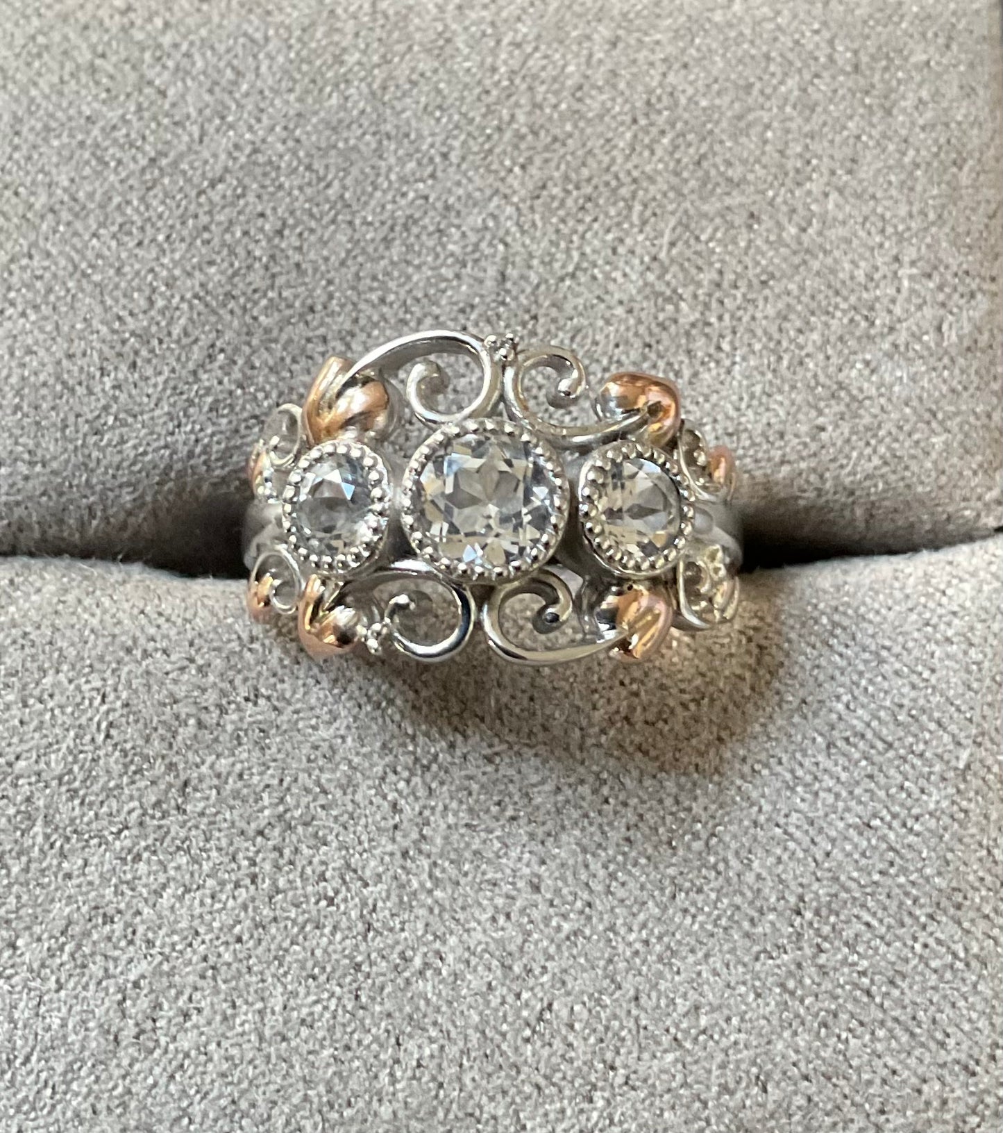 Clogau Tree of Life Trilogy White Topaz ring size O in silver and rose gold