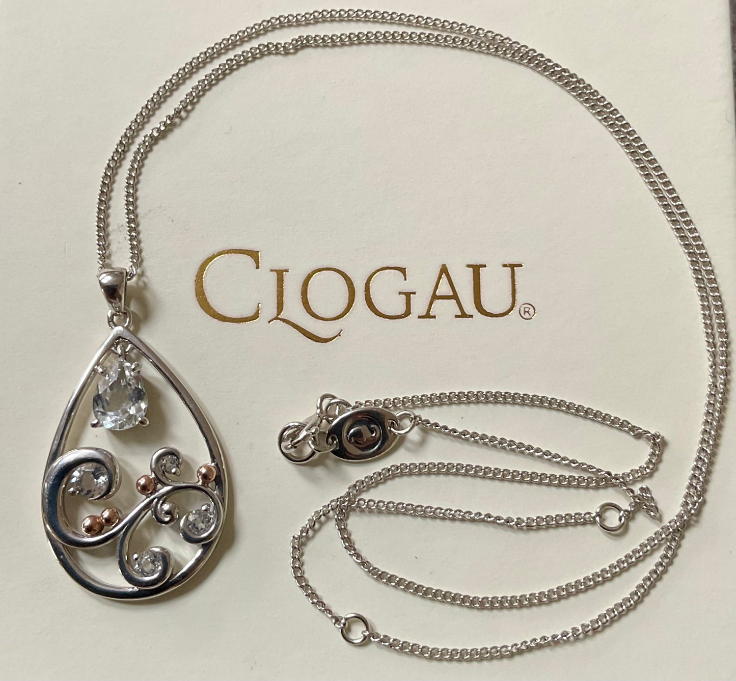 Clogau St Govan’s Cove White Topaz pendant necklace 18, 20, 22” in silver and rose gold
