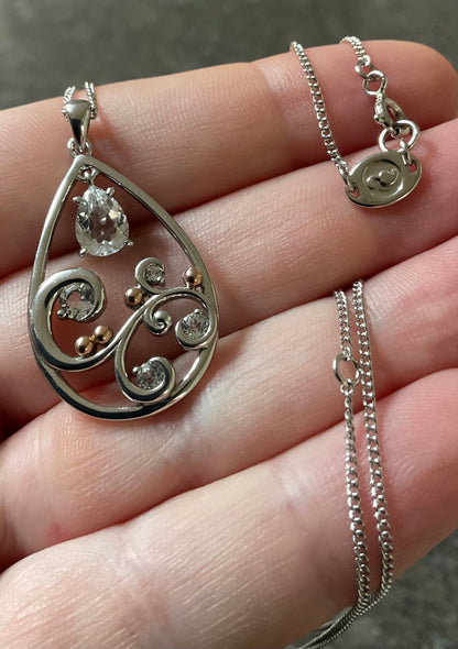 Clogau St Govan’s Cove White Topaz pendant necklace 18, 20, 22” in silver and rose gold