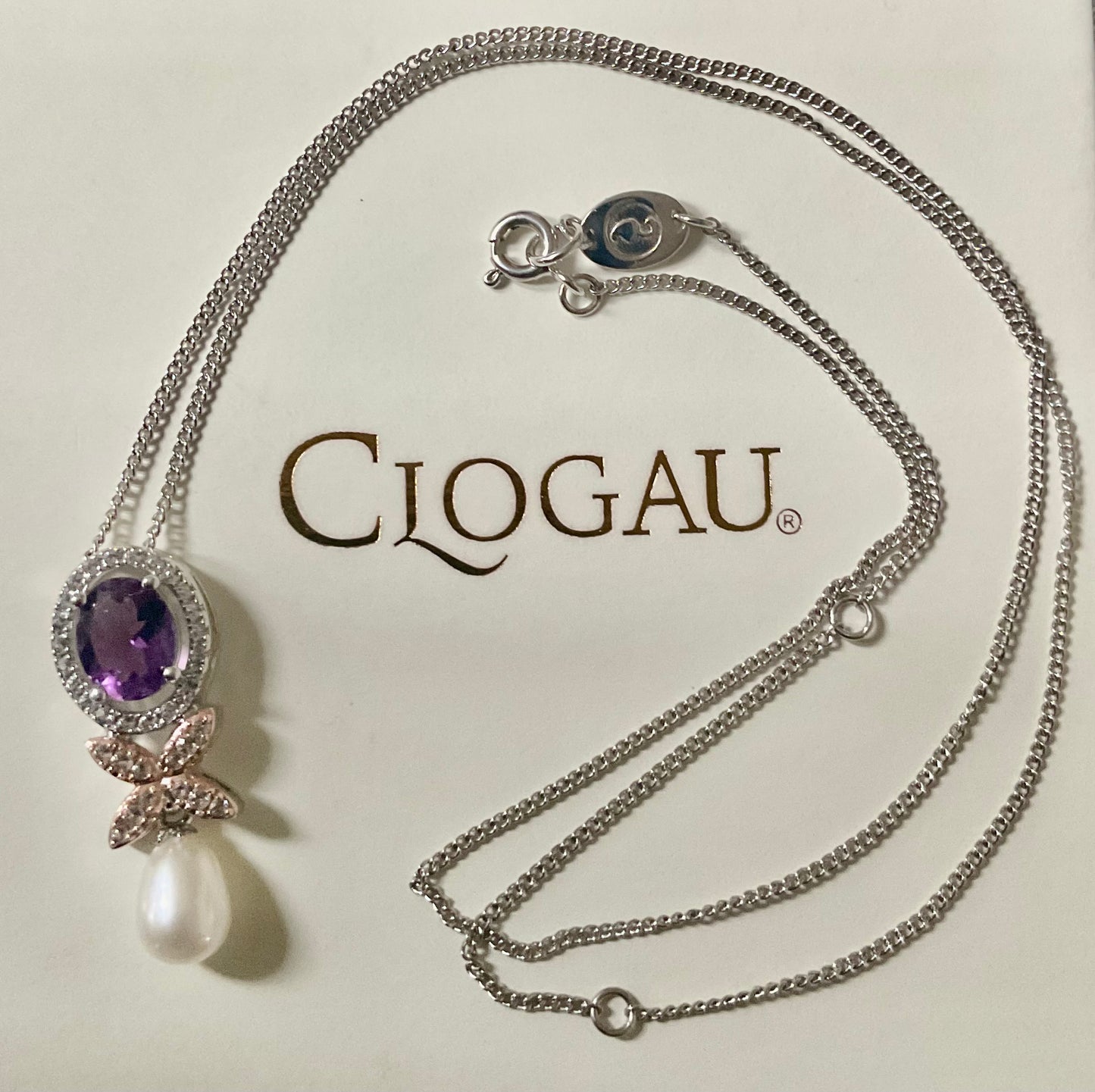Clogau Superbloom Amethyst Queens Jubilee pearl necklace in silver and rose gold