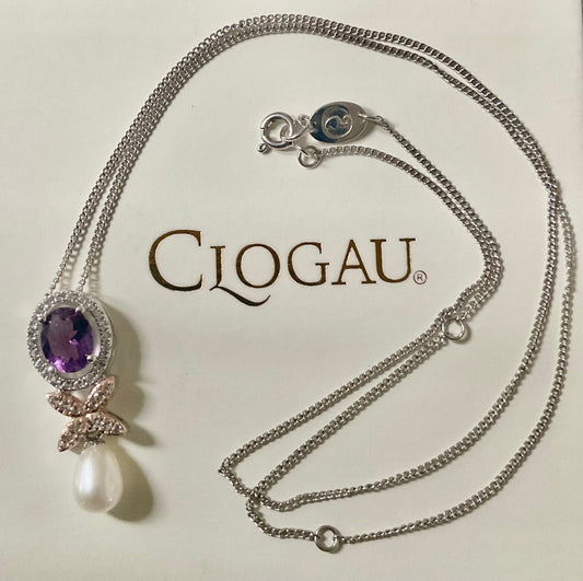 Clogau Superbloom Amethyst Queens Jubilee pearl necklace in silver and rose gold