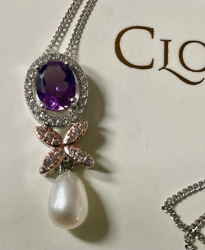 Clogau Superbloom Amethyst Queens Jubilee pearl necklace in silver and rose gold