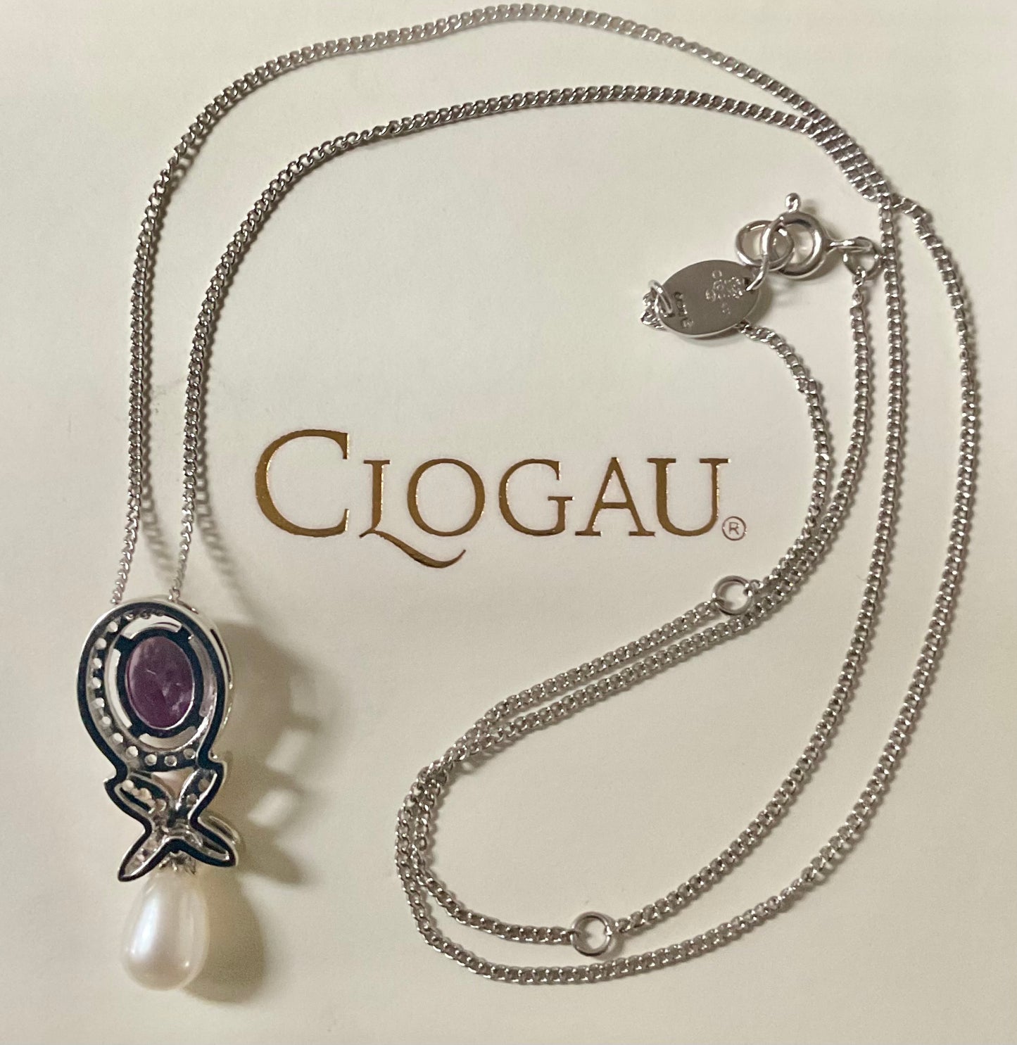 Clogau Superbloom Amethyst Queens Jubilee pearl necklace in silver and rose gold