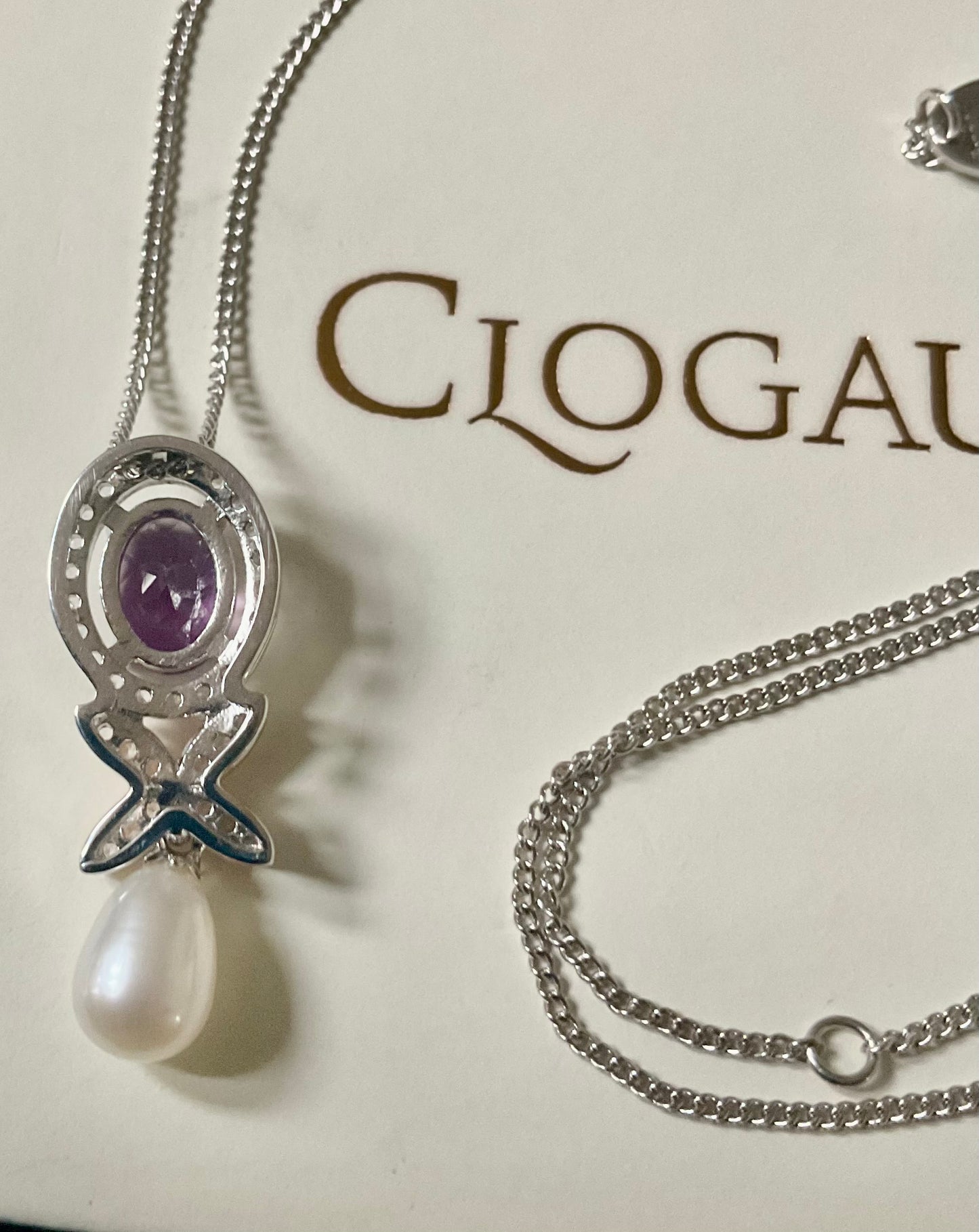 Clogau Superbloom Amethyst Queens Jubilee pearl necklace in silver and rose gold